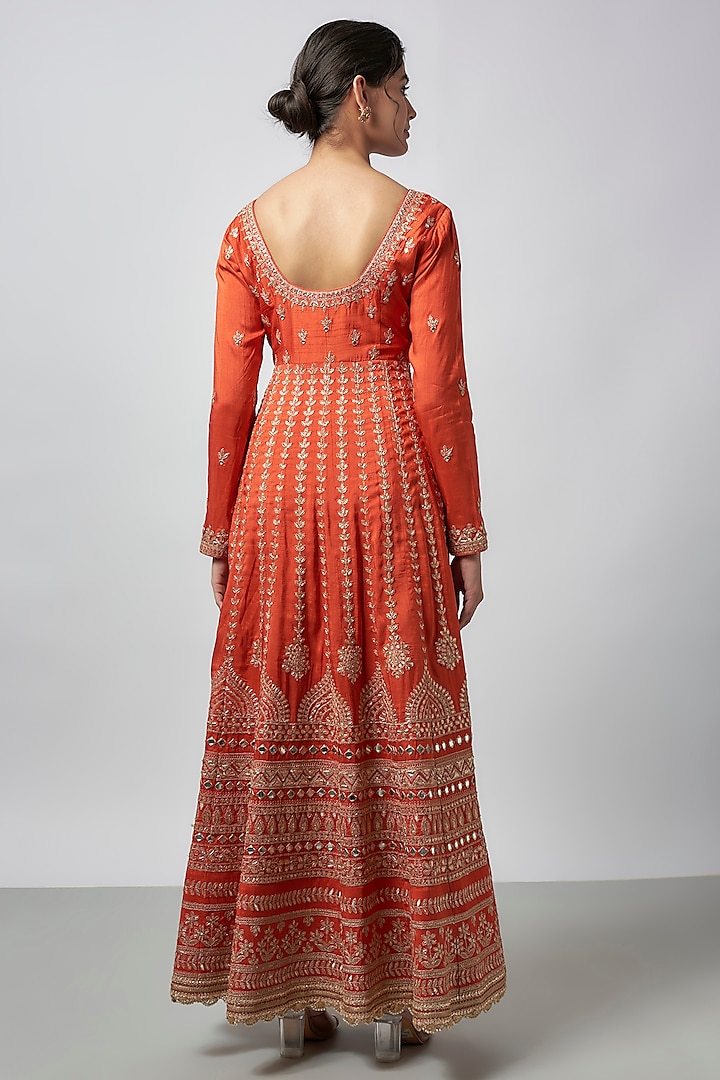 Rust Orange Tussar Mirror Work Bridal Anarkali Set by GOPI VAID at Pernia's Pop Up Shop