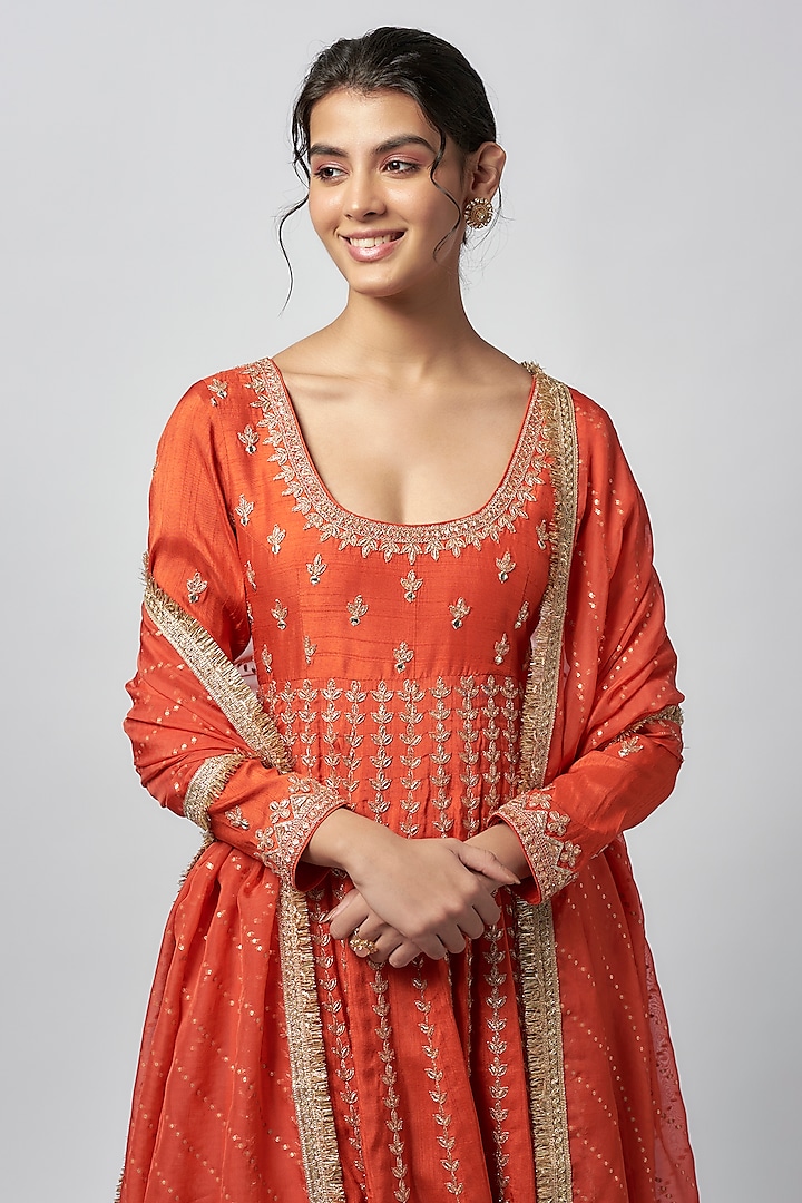 Rust Orange Tussar Mirror Work Bridal Anarkali Set by GOPI VAID at Pernia's Pop Up Shop