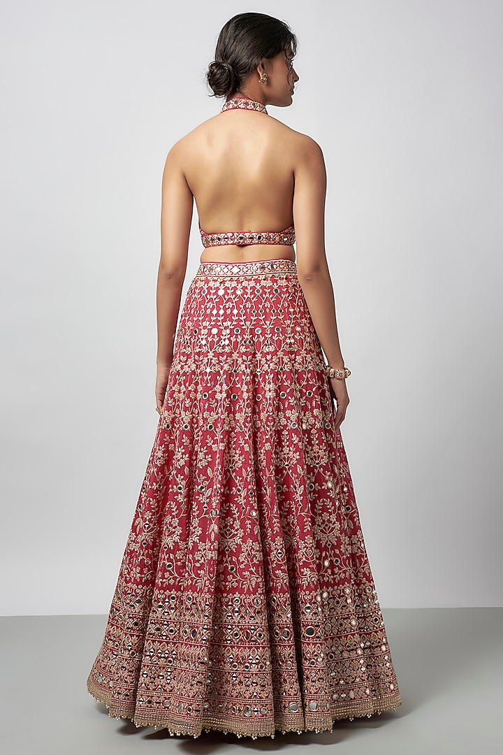 Cranberry Red Tussar Thread Embroidered Wedding Lehenga Set by GOPI VAID at Pernia's Pop Up Shop