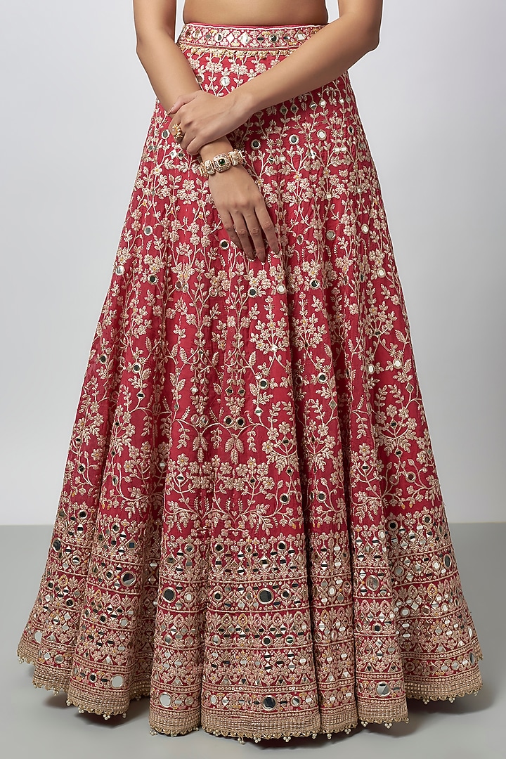 Cranberry Red Tussar Thread Embroidered Wedding Lehenga Set by GOPI VAID at Pernia's Pop Up Shop