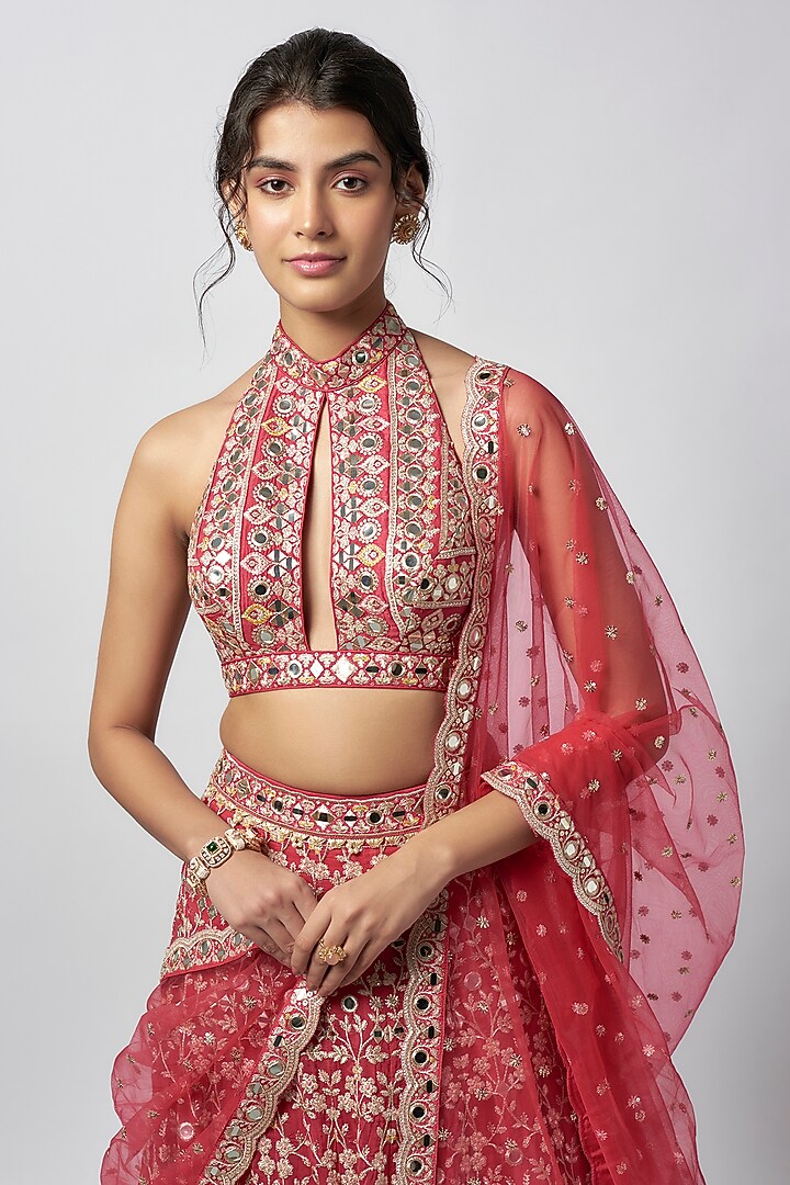 Cranberry Red Tussar Thread Embroidered Wedding Lehenga Set by GOPI VAID at Pernia's Pop Up Shop