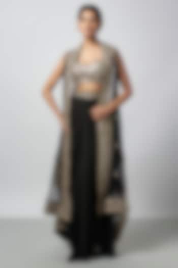 Black Organza Mirror Work Cape Set by GOPI VAID at Pernia's Pop Up Shop