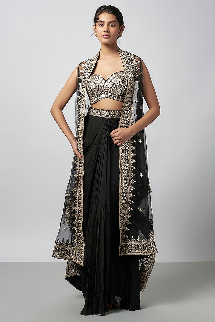 Black Organza Mirror Work Cape Set by GOPI VAID at Pernia's Pop Up Shop