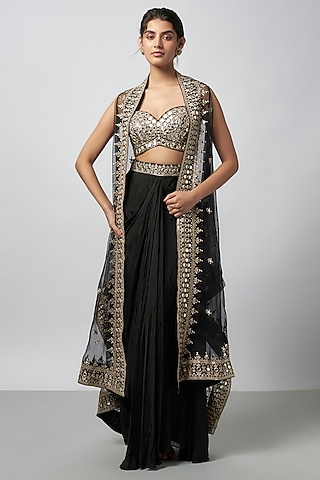 Black Organza Mirror Work Cape Set by GOPI VAID