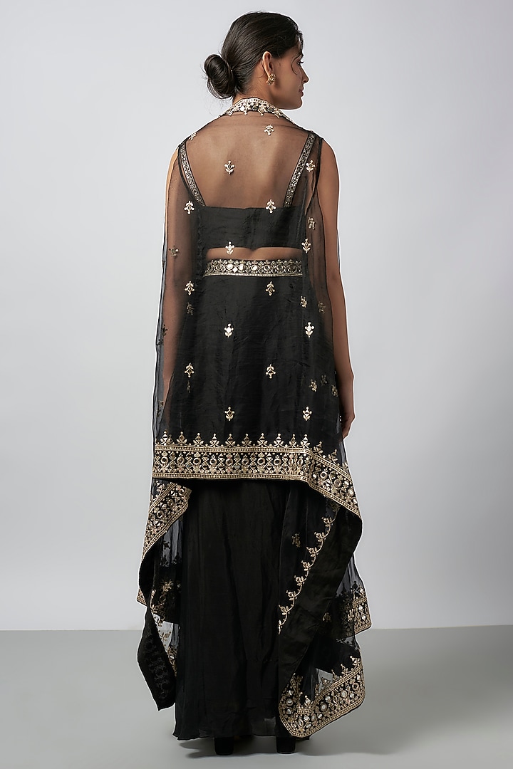 Black Organza Mirror Work Cape Set by GOPI VAID at Pernia's Pop Up Shop