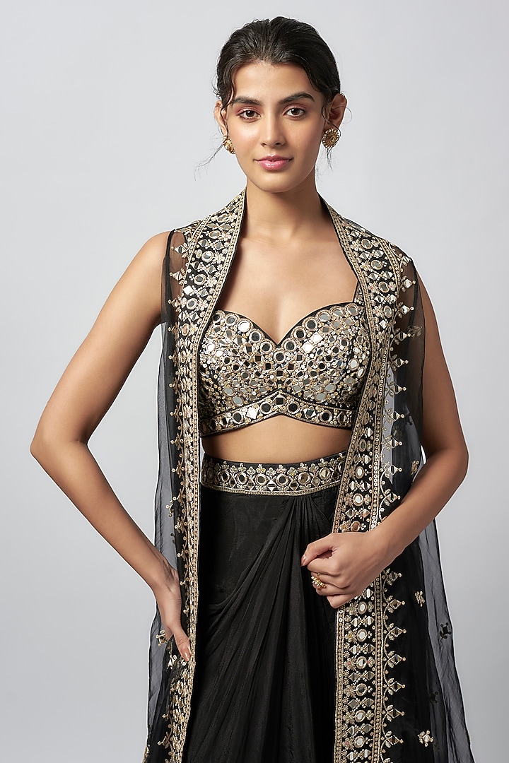 Black Organza Mirror Work Cape Set by GOPI VAID at Pernia's Pop Up Shop
