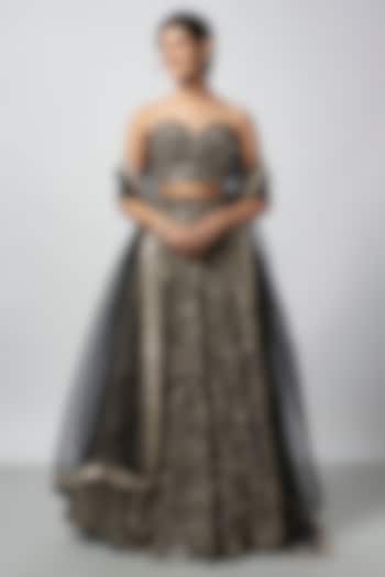 Black Tussar Floral Embroidered Wedding Lehenga Set by GOPI VAID at Pernia's Pop Up Shop