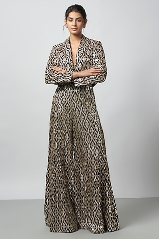 Black Tussar Embroidered Flared Pants Set by GOPI VAID