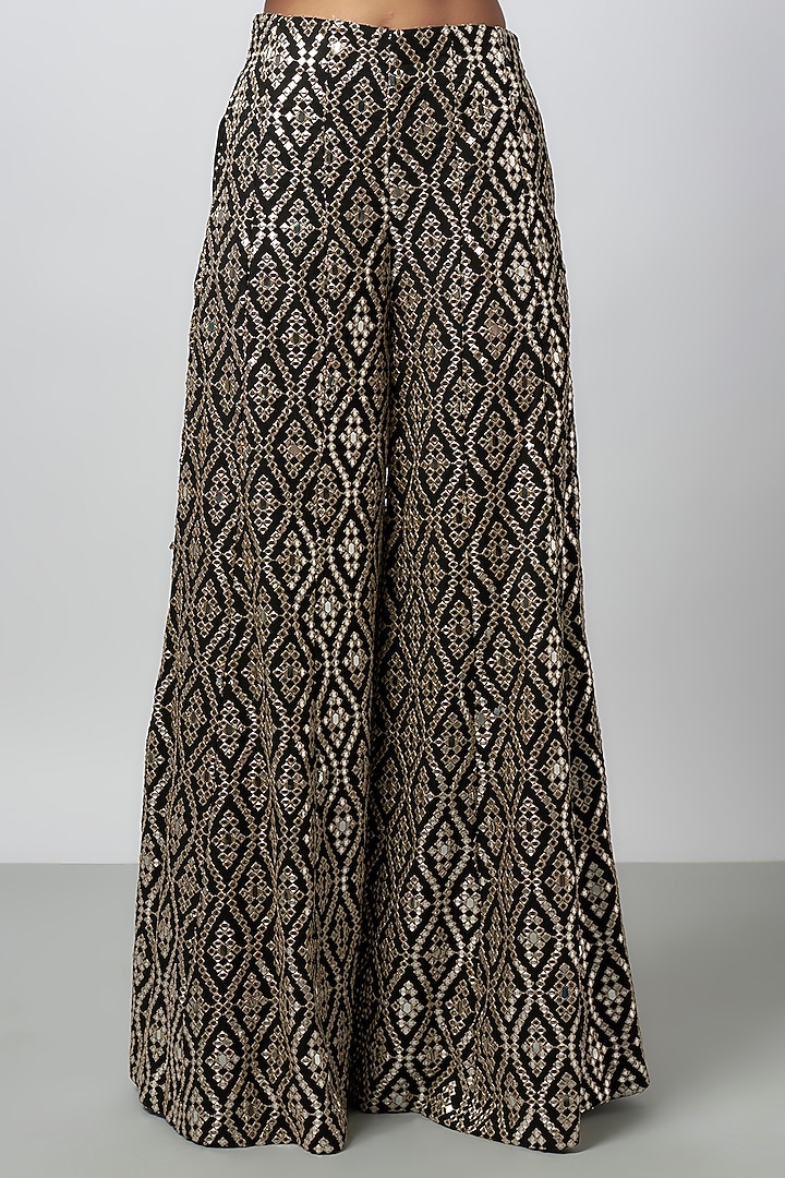 Black Tussar Embroidered Flared Pants Set by GOPI VAID at Pernia's Pop Up Shop