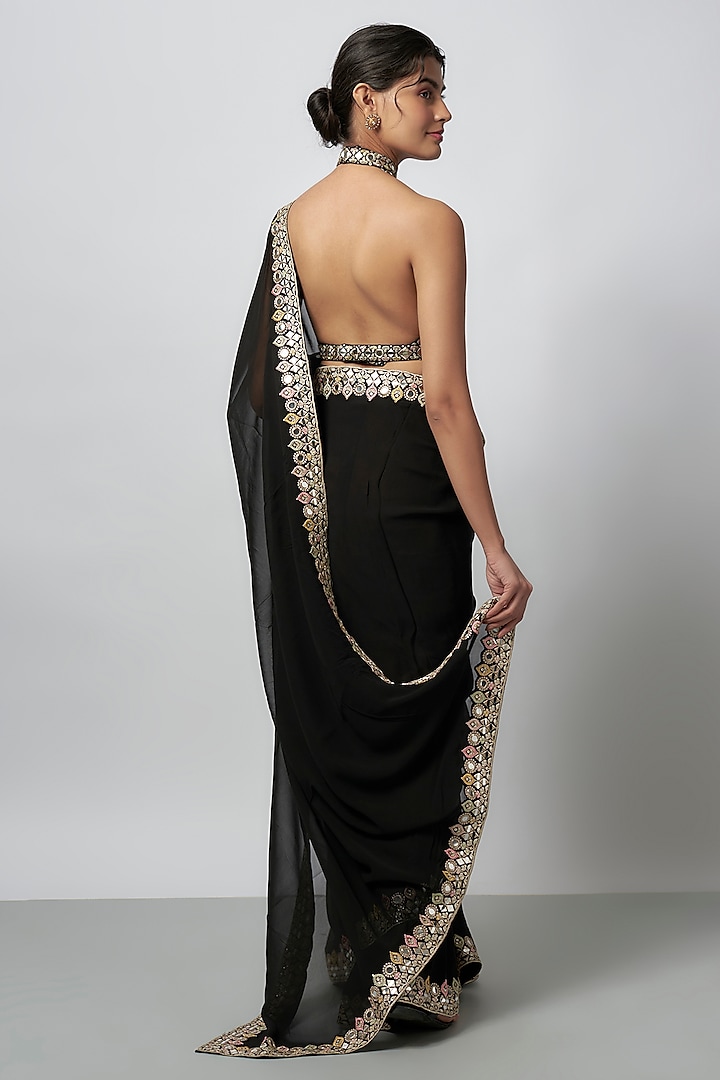 Black Chiffon Embroidered Wedding Saree Set by GOPI VAID at Pernia's Pop Up Shop
