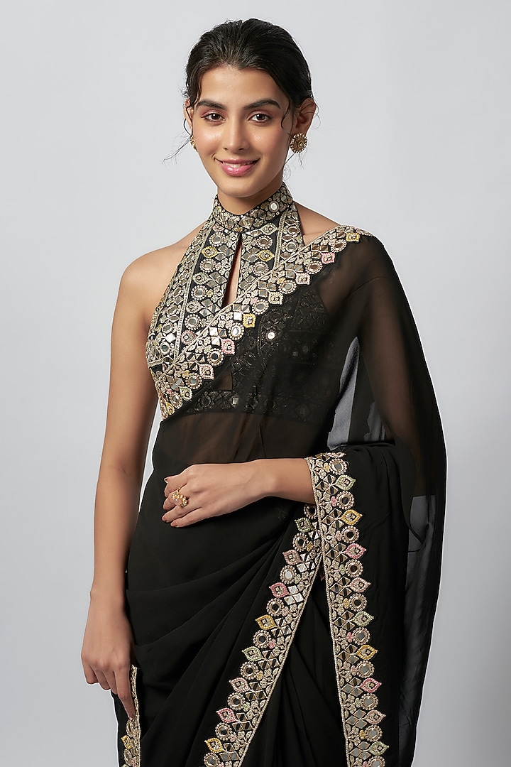 Black Chiffon Embroidered Wedding Saree Set by GOPI VAID at Pernia's Pop Up Shop