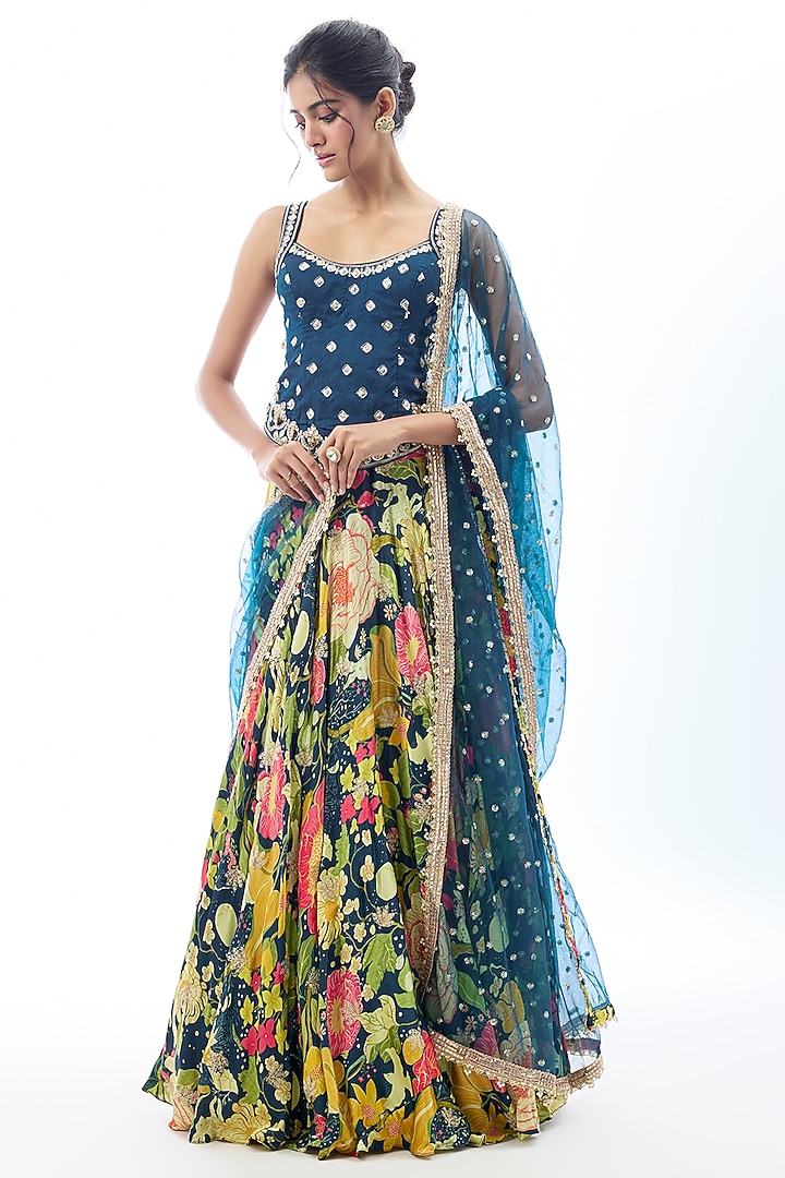 Blue Tussar Embroidered Wedding Lehenga Set by GOPI VAID at Pernia's Pop Up Shop