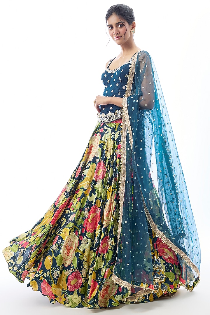 Blue Tussar Embroidered Wedding Lehenga Set by GOPI VAID at Pernia's Pop Up Shop