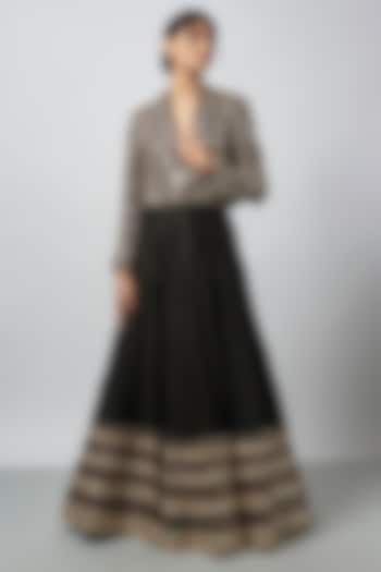 Black Chiffon Mirror Embroidered Jacket Wedding Lehenga Set by GOPI VAID at Pernia's Pop Up Shop