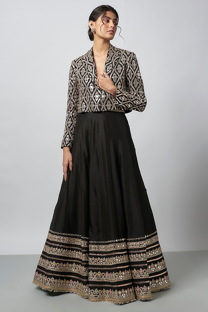 Black Chiffon Mirror Embroidered Jacket Wedding Lehenga Set by GOPI VAID at Pernia's Pop Up Shop