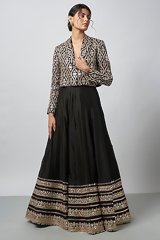Black Chiffon Mirror Embroidered Jacket Lehenga Set by GOPI VAID