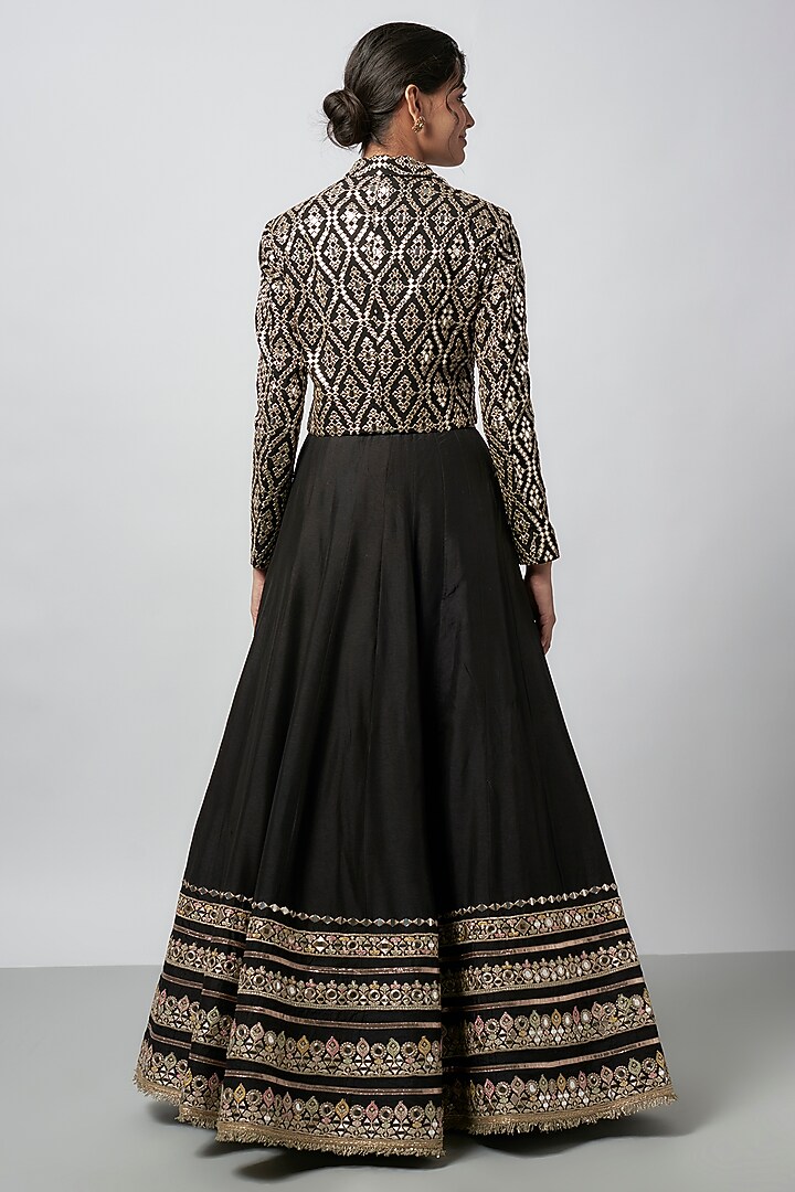Black Chiffon Mirror Embroidered Jacket Wedding Lehenga Set by GOPI VAID at Pernia's Pop Up Shop