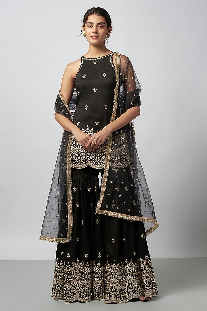 Black Tussar Embroidered Wedding Sharara Set by GOPI VAID at Pernia's Pop Up Shop
