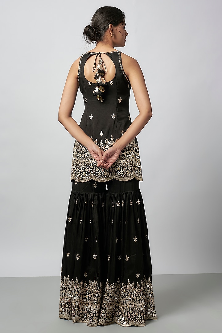 Black Tussar Embroidered Wedding Sharara Set by GOPI VAID at Pernia's Pop Up Shop