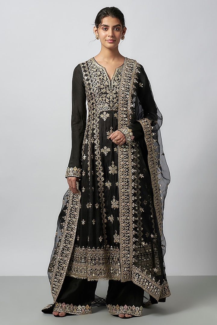 Black Tussar Embroidered Wedding Anarkali Set by GOPI VAID at Pernia's Pop Up Shop