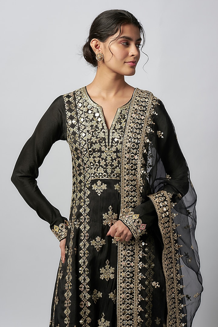 Black Tussar Embroidered Wedding Anarkali Set by GOPI VAID at Pernia's Pop Up Shop