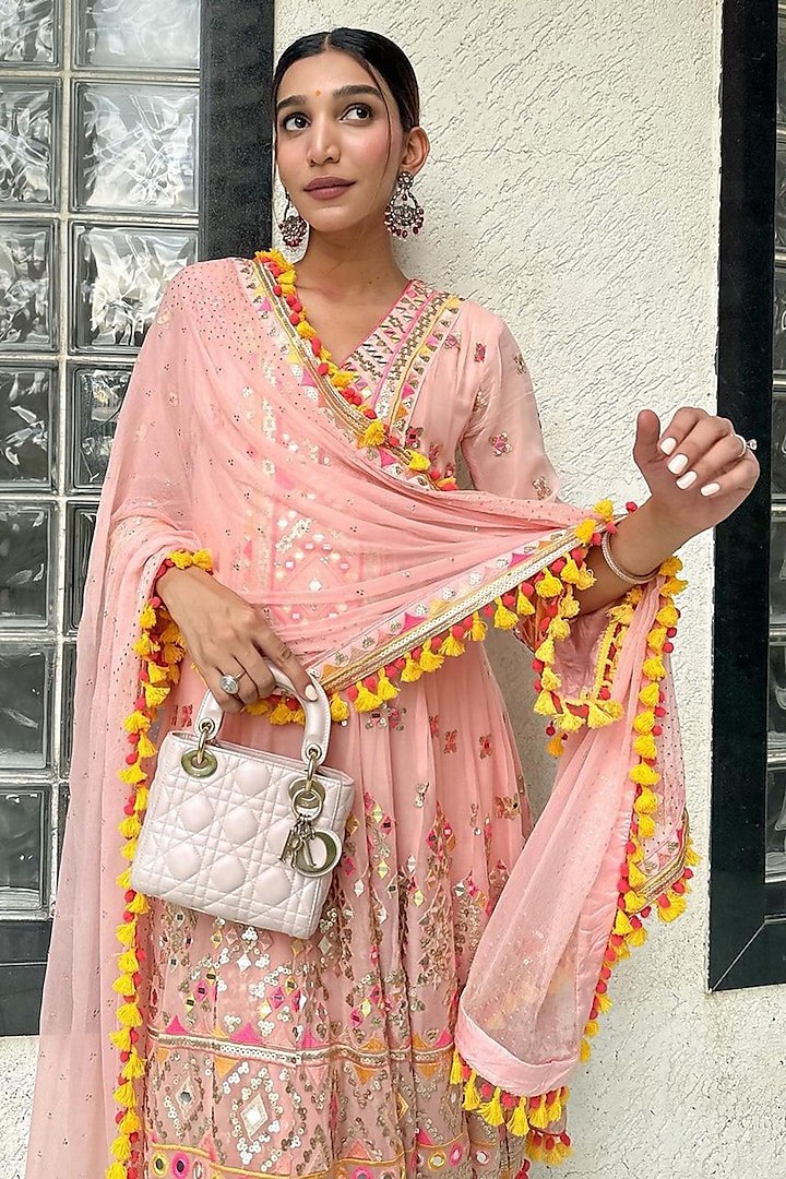 Pink Georgette Hand Embroidered Short Wedding Anarkali Set by GOPI VAID at Pernia's Pop Up Shop