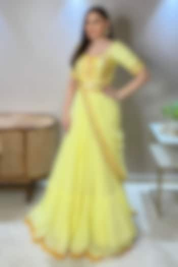 Yellow Georgette Embroidered Draped Gown Saree With Belt by GOPI VAID at Pernia's Pop Up Shop