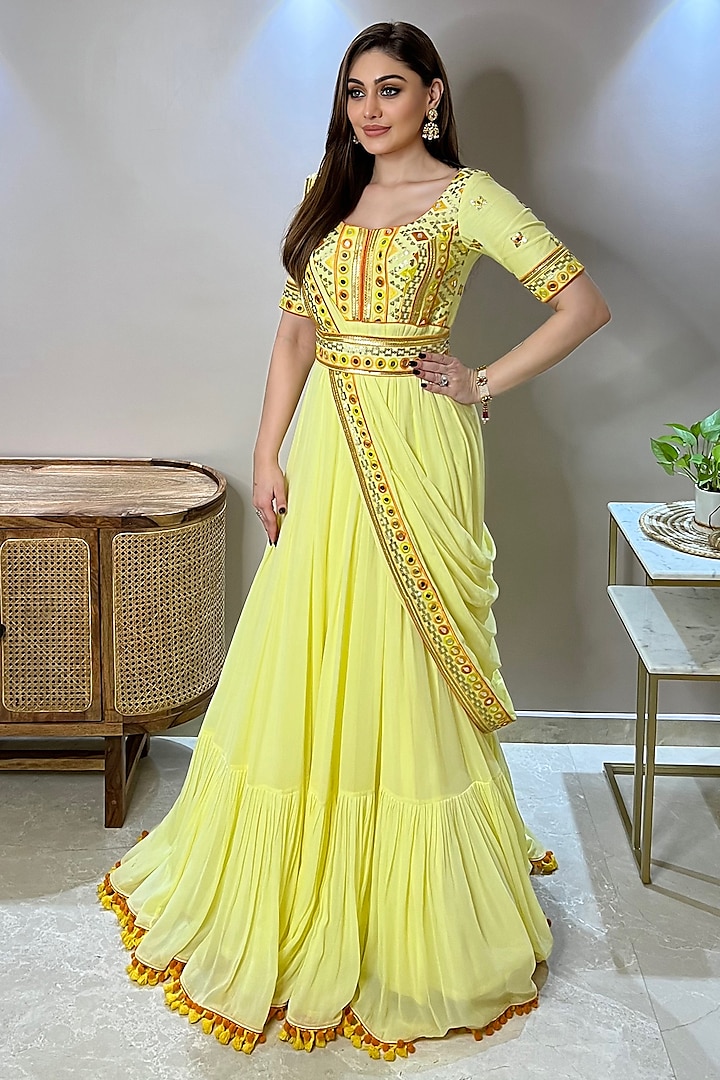 Yellow Georgette Embroidered Draped Gown Saree With Belt by GOPI VAID at Pernia's Pop Up Shop