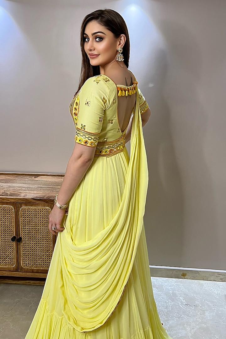 Yellow Georgette Embroidered Draped Wedding Gown Saree With Belt by GOPI VAID at Pernia's Pop Up Shop
