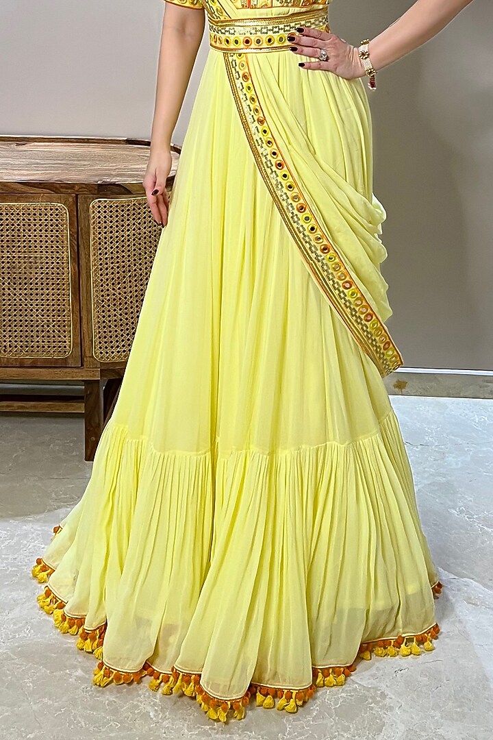 Yellow Georgette Embroidered Draped Wedding Gown Saree With Belt by GOPI VAID at Pernia's Pop Up Shop