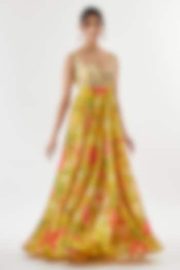 Yellow Organza Floral Printed Sleeveless Engagement Gown by GOPI VAID at Pernia's Pop Up Shop