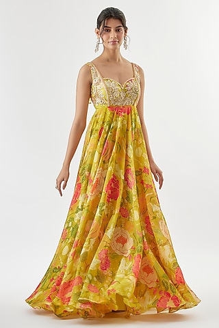 Yellow Organza Floral Printed Sleeveless Gown by GOPI VAID
