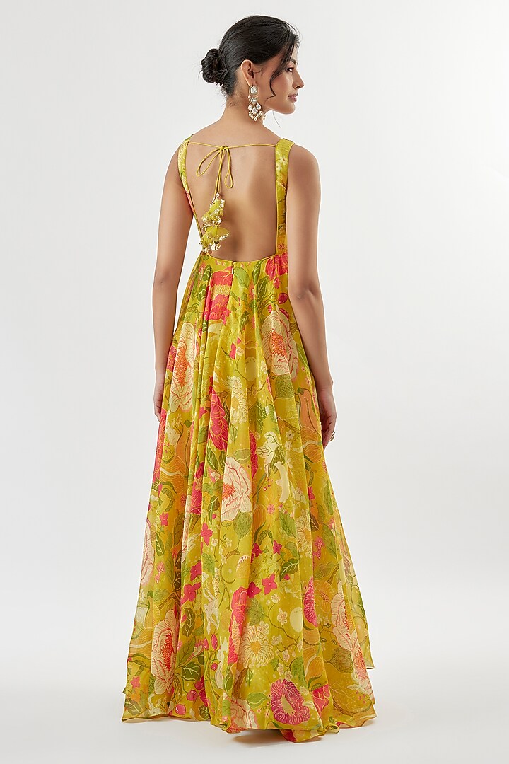 Yellow Organza Floral Printed Sleeveless Engagement Gown by GOPI VAID at Pernia's Pop Up Shop