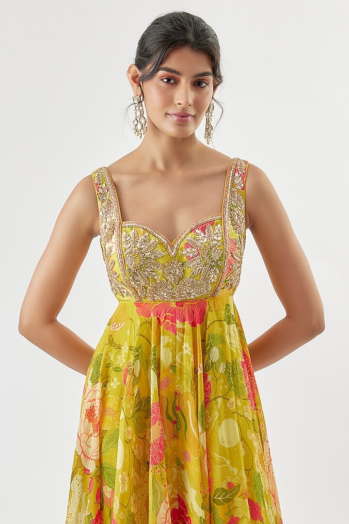Yellow Organza Floral Printed Sleeveless Engagement Gown by GOPI VAID at Pernia's Pop Up Shop