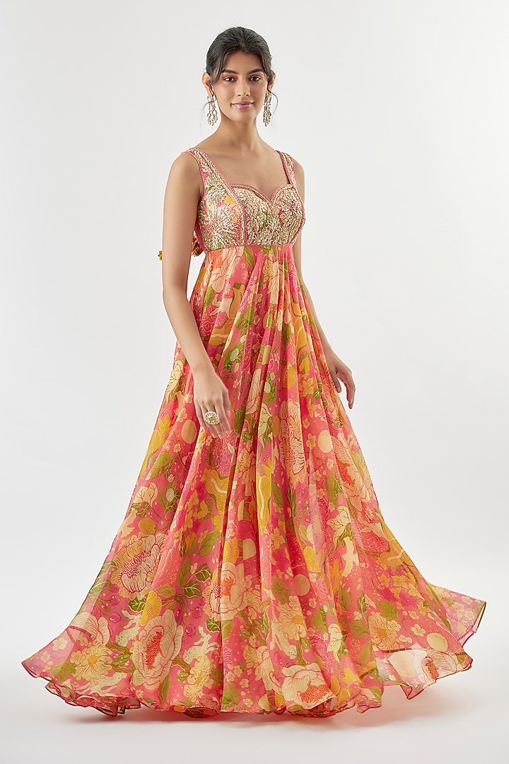 Pink Organza Floral Printed Sleeveless Engagement Gown by GOPI VAID at Pernia's Pop Up Shop