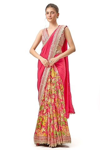 Pink Chiffon Floral Printed Saree Set by Gopi Vaid