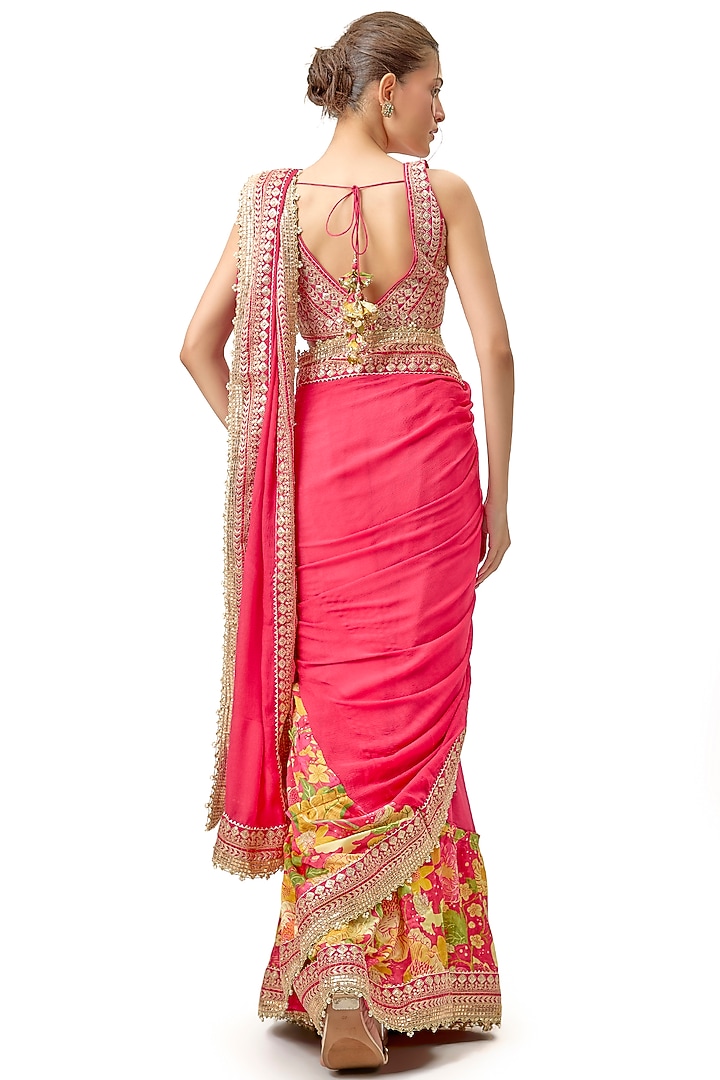 Pink Chiffon Floral Printed Wedding Saree Set by Gopi Vaid at Pernia's Pop Up Shop