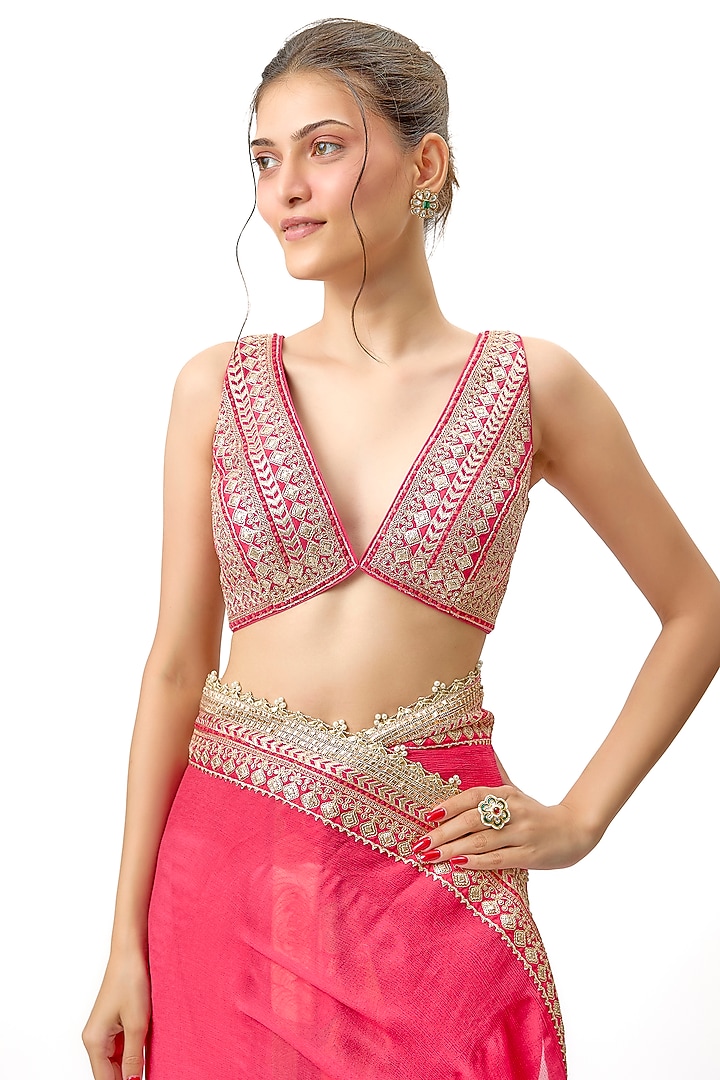 Pink Chiffon Floral Printed Wedding Saree Set by Gopi Vaid at Pernia's Pop Up Shop
