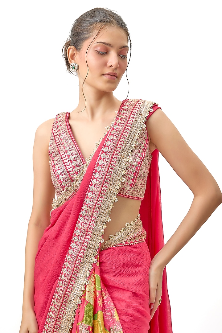 Pink Chiffon Floral Printed Wedding Saree Set by Gopi Vaid at Pernia's Pop Up Shop