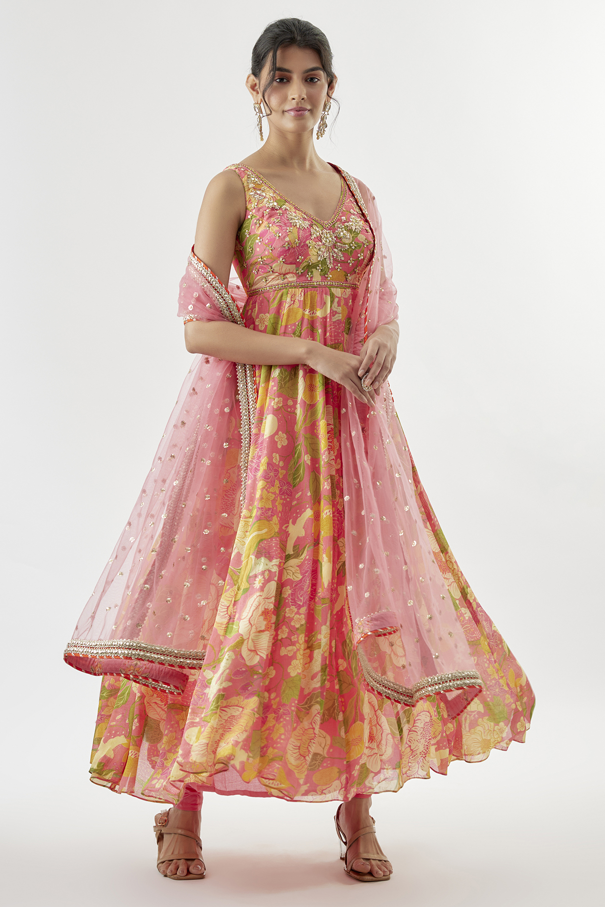 Multi-Colored Chiffon Floral Printed Wedding Anarkali Set by GOPI VAID at Pernia's Pop Up Shop
