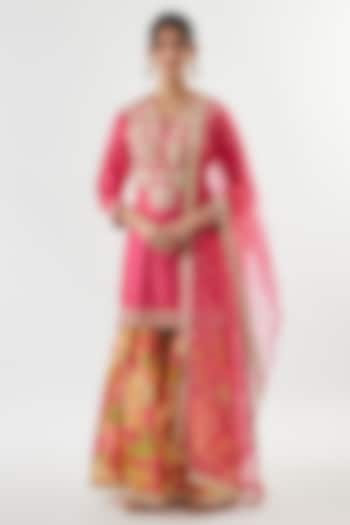 Pink Satin Floral Printed Wedding Sharara Set by GOPI VAID at Pernia's Pop Up Shop