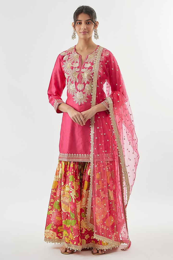 Pink Satin Floral Printed Wedding Sharara Set by GOPI VAID at Pernia's Pop Up Shop