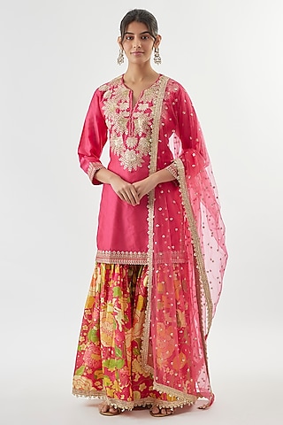 Pink Satin Floral Printed Sharara Set by GOPI VAID