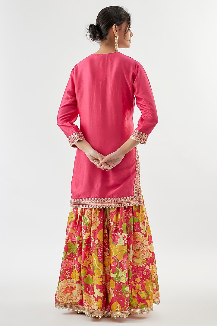 Pink Satin Floral Printed Wedding Sharara Set by GOPI VAID at Pernia's Pop Up Shop