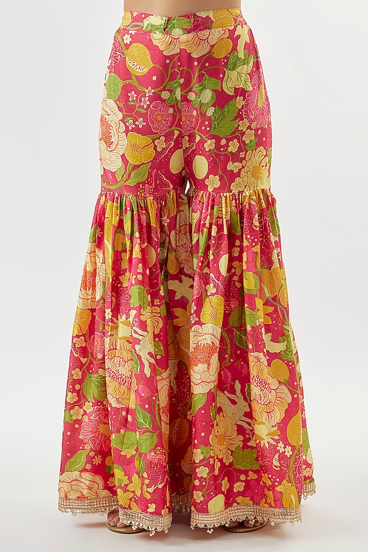 Pink Satin Floral Printed Wedding Sharara Set by GOPI VAID at Pernia's Pop Up Shop