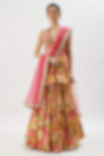 Pink Satin Floral Printed Skirt Set by GOPI VAID at Pernia's Pop Up Shop