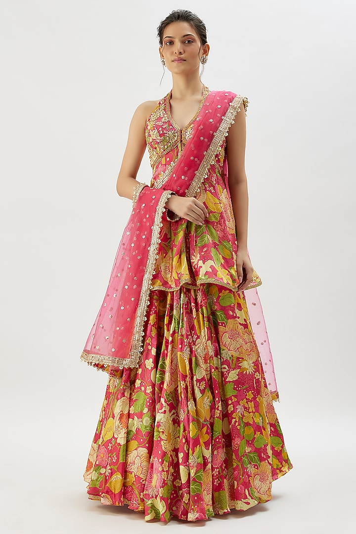Pink Satin Floral Printed Skirt Set by GOPI VAID at Pernia's Pop Up Shop