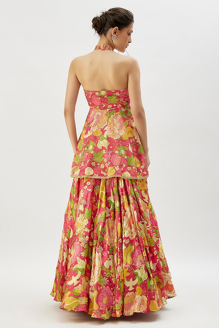 Pink Satin Floral Printed Skirt Set by GOPI VAID at Pernia's Pop Up Shop