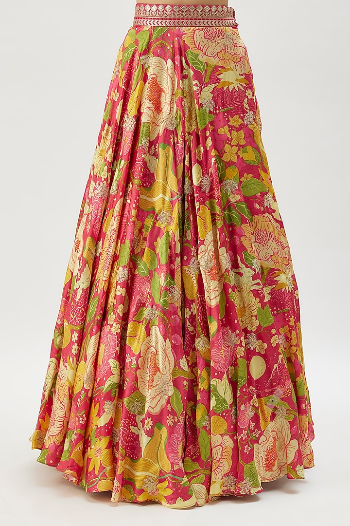 Pink Satin Floral Printed Skirt Set by GOPI VAID at Pernia's Pop Up Shop