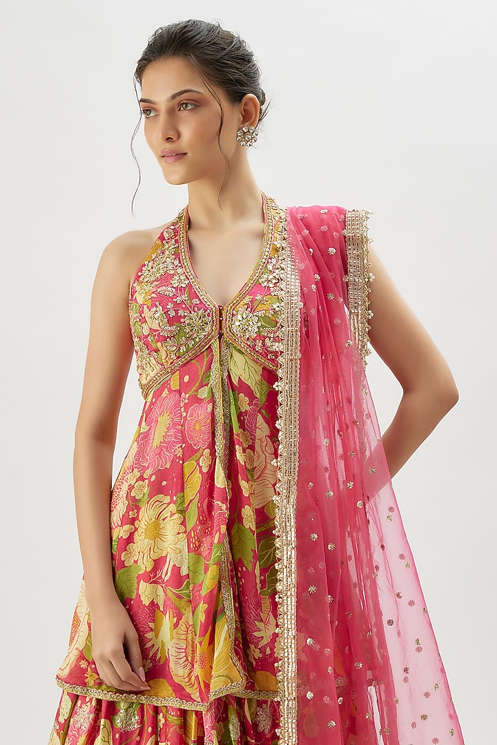 Pink Satin Floral Printed Skirt Set by GOPI VAID at Pernia's Pop Up Shop